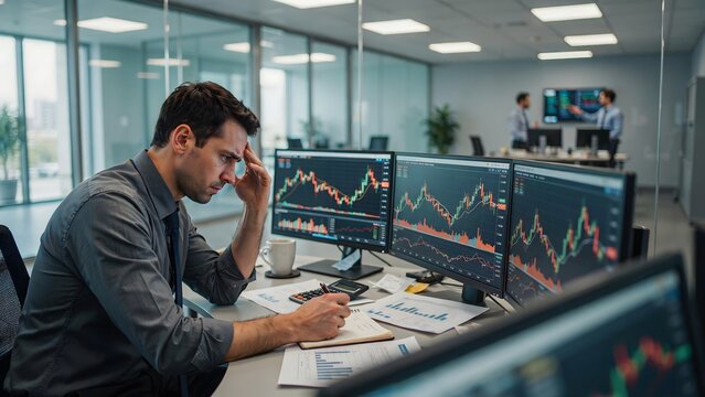 Stressed Financial Analyst Facing Stock Market Losses at Trading Desk