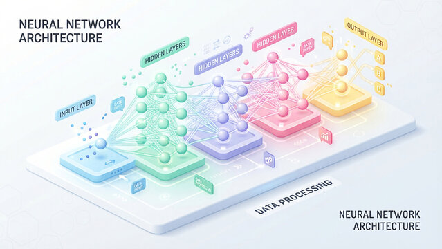 Isometric 3D Neural Network Background With Pastel Mint And Blue Colors