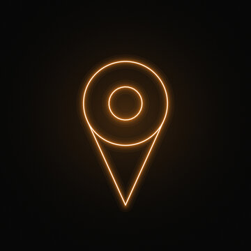 Location Pin Glowing Neon Sign Icon on Dark Background, Orange