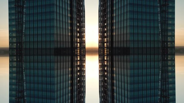 mirrored fractal cityscape skyline with symmetrical skyscraper geometry, abstract urban city architecture pattern with futuristic kaleidoscope reflection effect, technology background 4k
