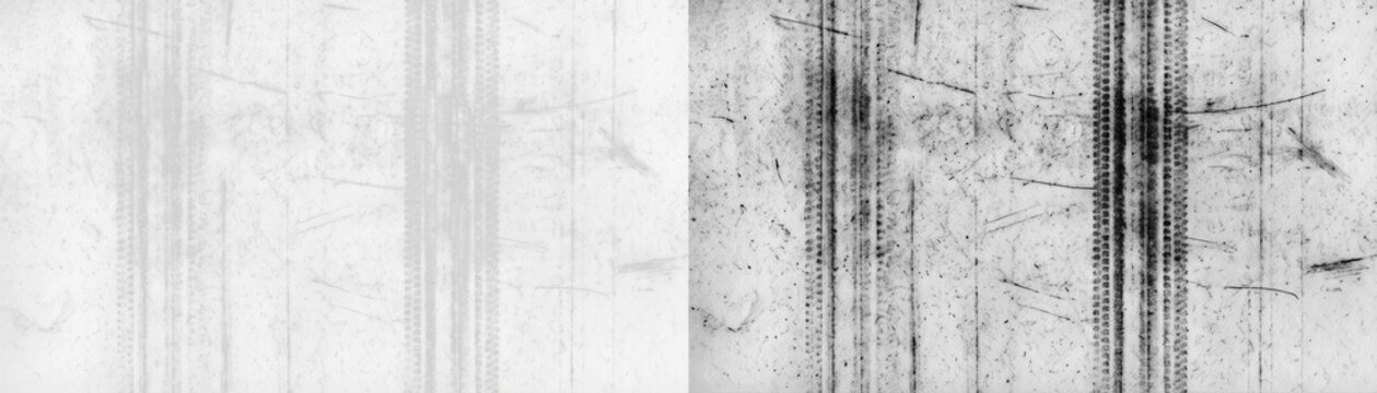 Grunge tire track texture with distressed scratches and vertical dust marks. Abstract monochrome background with asphalt marks and rough urban overlay for creative design, posters, and grit effects