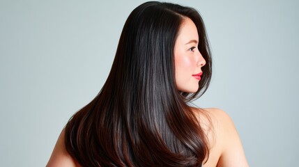 Fototapeta premium A stunning profile view of a woman showcasing her luxurious long, shiny black hair against a soft neutral background, exuding elegance and confidence in her appearance.