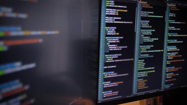Close up computer monitors displaying fictional programming code and software development interface, technology workspace concept