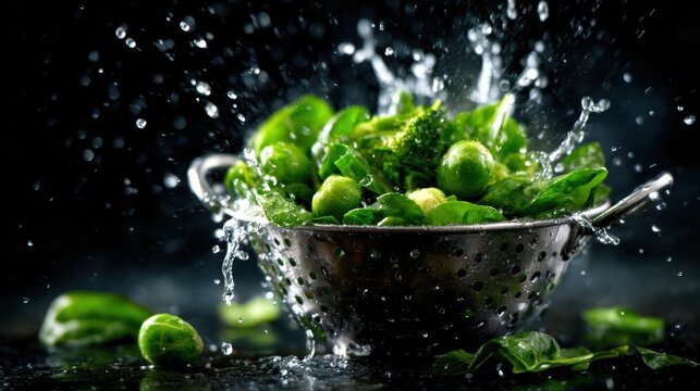 Fresh, vibrant green vegetables splash into a strainer, showcasing the freshness and vitality of healthy eating with high energy, set against a dark and dramatic backdrop.