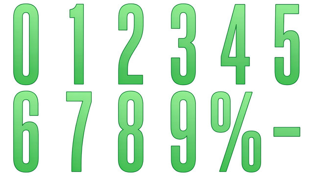 Green gradient numbers set from 0 to 9 with percent and dash symbols, modern tall condensed numeric font, vibrant typography for sales and pricing