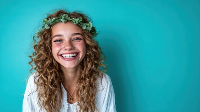A cheerful young woman with curly hair and a flower crown is smiling widely against a turquoise background, radiating happiness and liveliness in her expression.