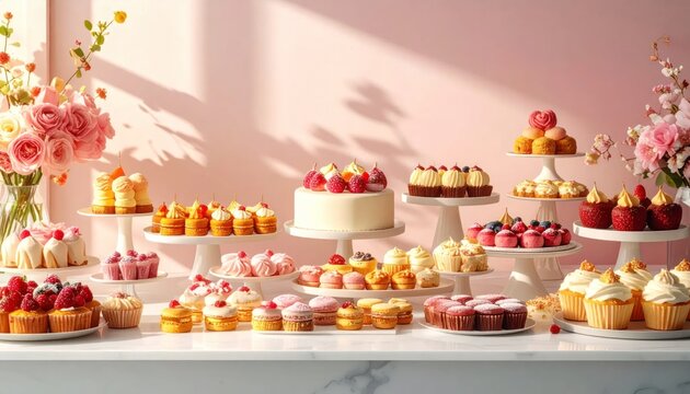Elegant Dessert Table Display with Assorted Cakes and Cupcakes.