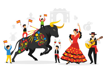 Fototapeta premium Spanish Bullfighting Festival Celebration with Dancers and Musicians.