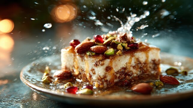 A delectable piece of moist dessert made with nuts and topped with pomegranate seeds sits on a elegant plate, surrounded by a splash of water and warm ambient light.