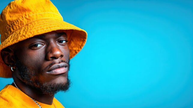 A close-up portrait of a confident man wearing a bright yellow bucket hat, striking a stylish pose against a vibrant blue backdrop, radiating individuality.