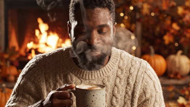 Man wearing a cozy cable-knit sweater drinks hot beverage from mug near fireplace with autumn leaves and pumpkins, evoking warmth and comfort