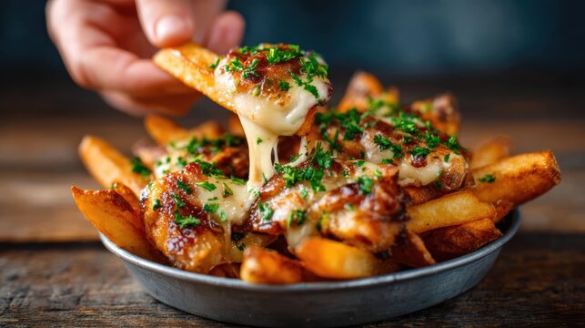 A tantalizing dish of cheesy loaded fries garnished with fresh herbs captures the essence of comfort food, inviting indulgence and satisfaction in every mouthwatering bite.