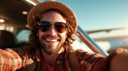 Fototapeta premium A cheerful man wearing sunglasses and a straw hat takes a joyful selfie by an airplane, showcasing the spirit of adventure and the excitement of travel.