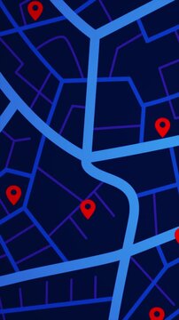 4K Vertical video Animated city map with location pins and navigation routes. Modern GPS tracking concept for smart city