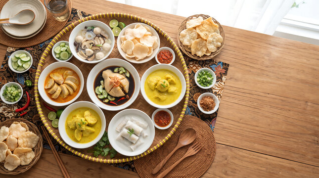 Traditional Palembang Culinary Feast Flat Lay