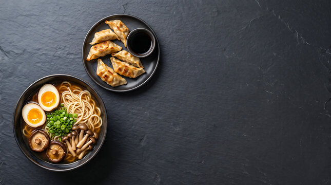 Ramen with egg mushrooms and dumplings on a dark slate background