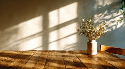 Fototapeta premium A beautifully arranged table is bathed in soft sunlight, showcasing a simple vase with delicate flowers that bring warmth and tranquility to the serene indoor environment.