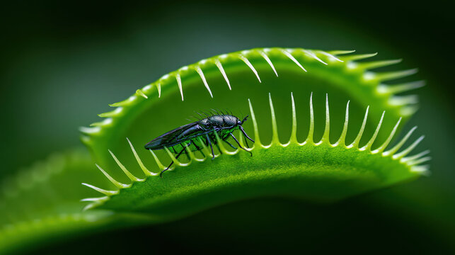 Macro close up of Venus flytrap trapping insect in green plant
