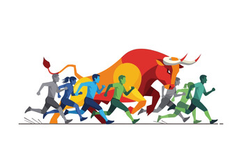 People Running From Aggressive Bull Symbolizing Fear and Danger.