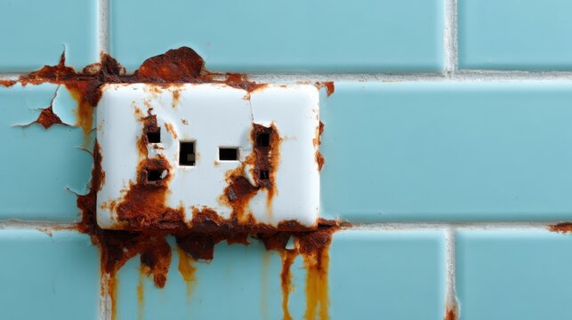 An old, rusted electrical outlet against turquoise tiles, illustrating decay and neglect in an environment while evoking a sense of abandonment and the passage of time.