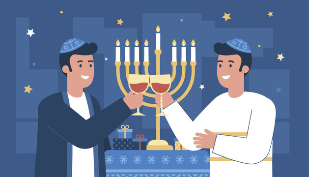 Two happy jewish men celebrating hanukkah with a festive menorah, traditional wine toast, and beautiful gifts.