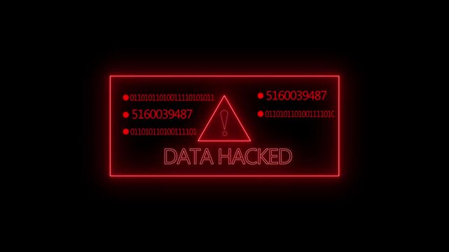 Data hacked warning alert with red neon binary code and cyber security threat notification cyber attack
