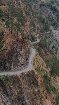 Vertical Aerial View of Winding Mountain Road in Pangi Valley, Himachal Pradesh