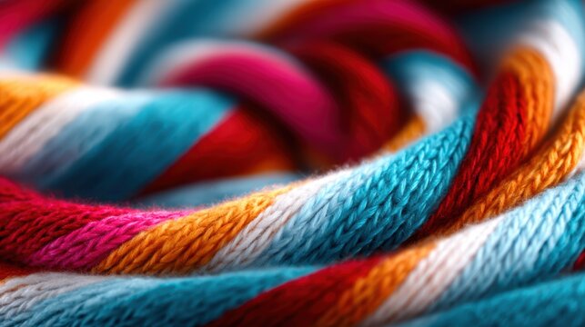 A close-up image reveals intertwined colorful yarn ropes, showcasing rich textures and vibrant patterns that evoke creativity and warmth in textile art.