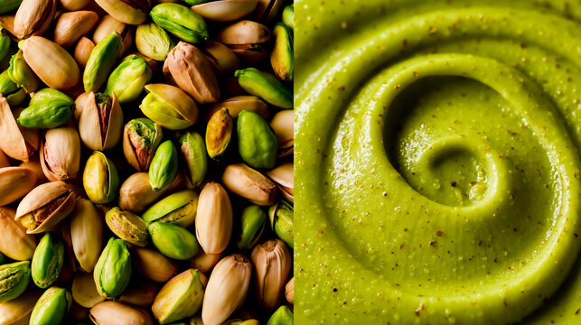 A split-screen photograph showing a close-up of green pistachios on the left and a swirl of green avocado spread on the right