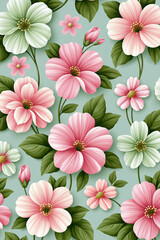 Vintage inspired floral wallpaper pattern with pink and green blossoms, soft pastel botanical background