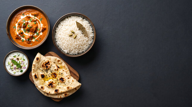 Butter Chicken Rice Naan And Raita On Dark Surface