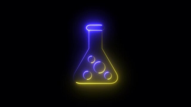 Neon glowing chemistry flask icon with bubbles inside isolated on a dark black background for science education and laboratory research concepts