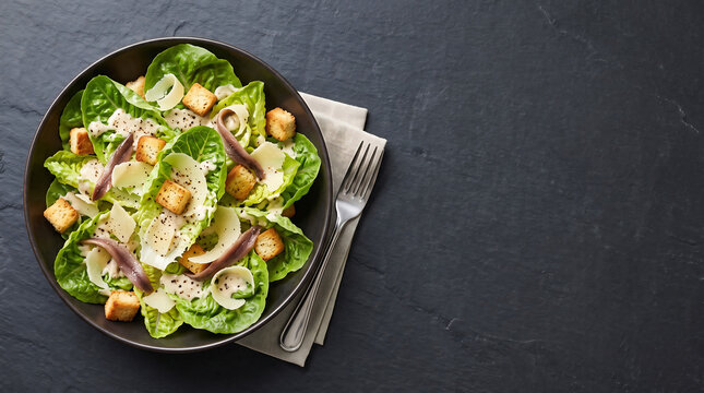 Caesar Salad With Croutons And Parmesan Food Photography On Dark Background