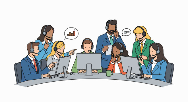 Customer Service Team Working Together: A diverse team of customer service representatives wearing headsets.