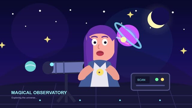 Magical Observatory flat animation, young female astronomer exploring the universe with telescope, space science concept with planets and stars