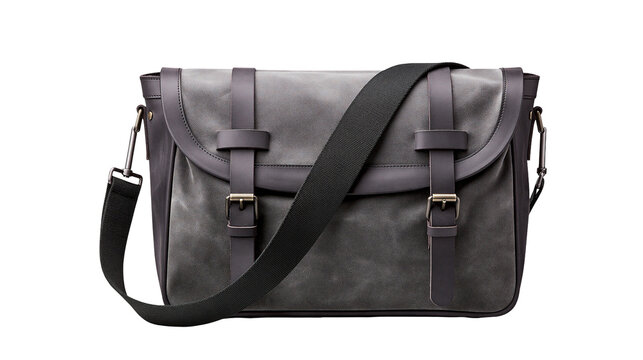 Gray canvas messenger bag with dark brown leather straps and buckles