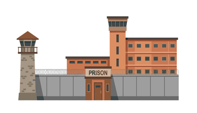 PrintGeneric prison building exterior vector illustration. Jail facility with concrete walls, watchtowers, barred windows, razor wire, gatehouse.
