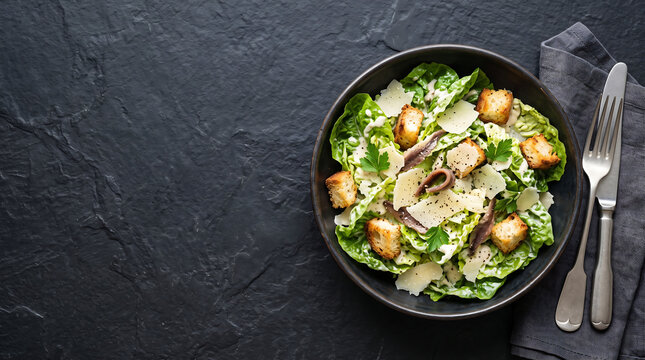 Caesar Salad With Croutons And Parmesan Food Photography On Dark Slate