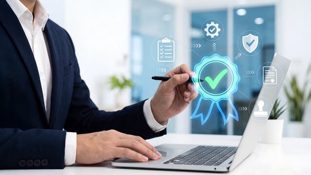 quality certification and standard guarantee concept, businessman using laptop with green checkmark award badge, checklist, shield, document and stamp icons, business compliance assurance approval
