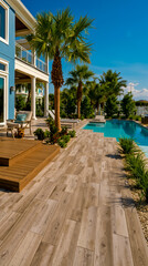 Fototapeta premium A luxurious outdoor space with a pool palm trees and a wooden deck