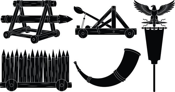 Medieval siege weapons silhouette set including catapult, battering ram, barricade, war horn, and eagle standard