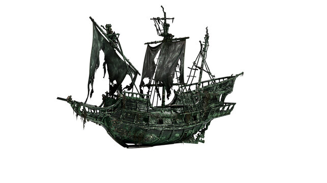Tattered pirate galleon with dark sails and weathered hull