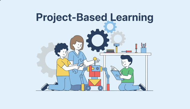 Interactive project-based learning scene with a female teacher and two students building a small toy robot with tools.
