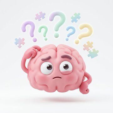Cute 3D brain character looking confused and scratching head with question marks and puzzle pieces