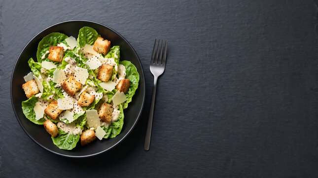 Caesar Salad With Croutons And Anchovies Food Photography On Dark Slate