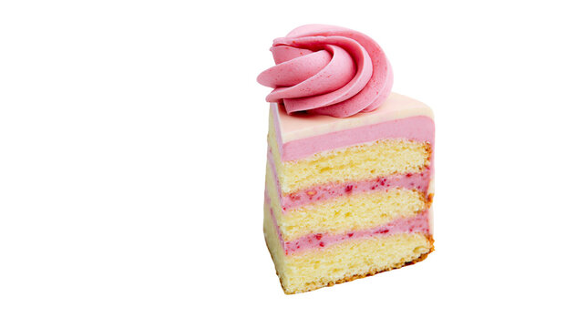 Layered cake slice with pink frosting rose and berry filling