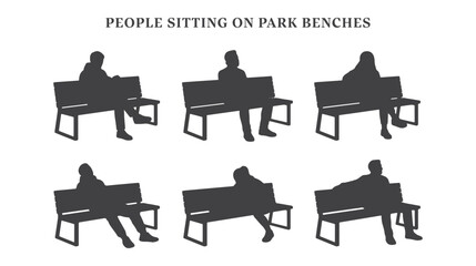 Fototapeta premium People Sitting on Park Bench Vector Silhouette Set Reading Talking on Phone Drinking Coffee Resting Stretching and Enjoying View