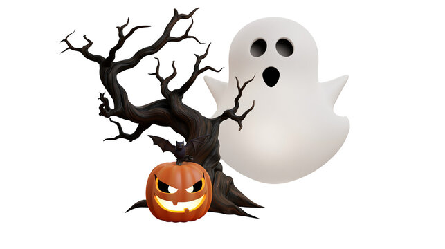 Spooky Halloween scene with ghost jack-o-lantern bat, and dead tree