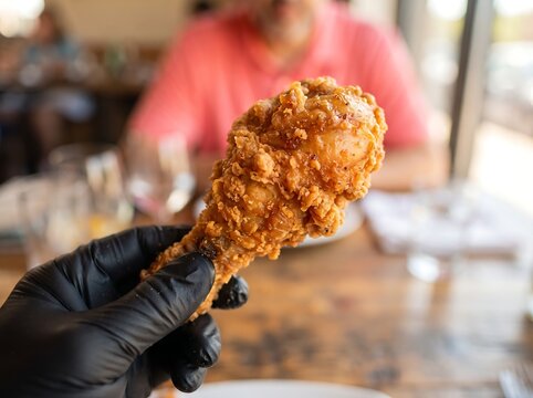 Closeup of a crispy fried chicken drumstick held by a hand wearing a black glove in a restaurant setting