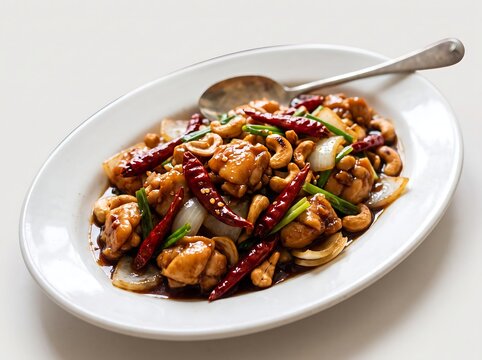 Cashew chicken stirfry with dried red chili peppers, green onions, and onions served on an oval white plate isolated on white background